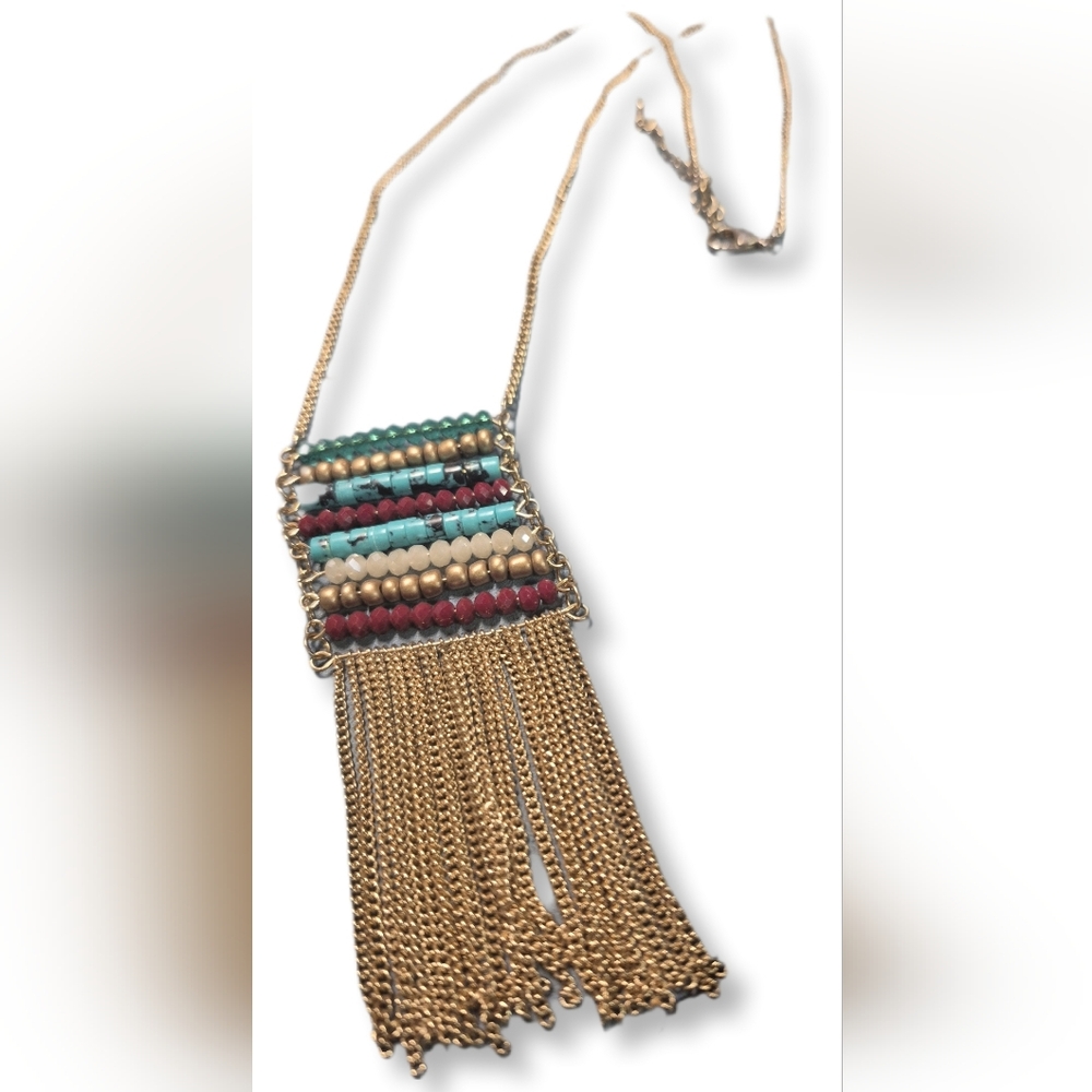 Boho Gold Tone Chain Necklace with Multi-color Beaded Fringe Pendant
